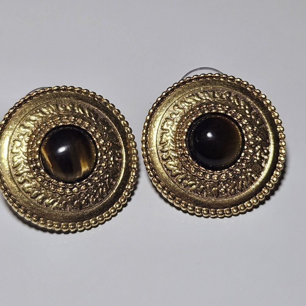 **Final Sale** Vintage 1928 Gold Tone Round Brown Tiger's Eye Earrings - Picture 12 of 12
